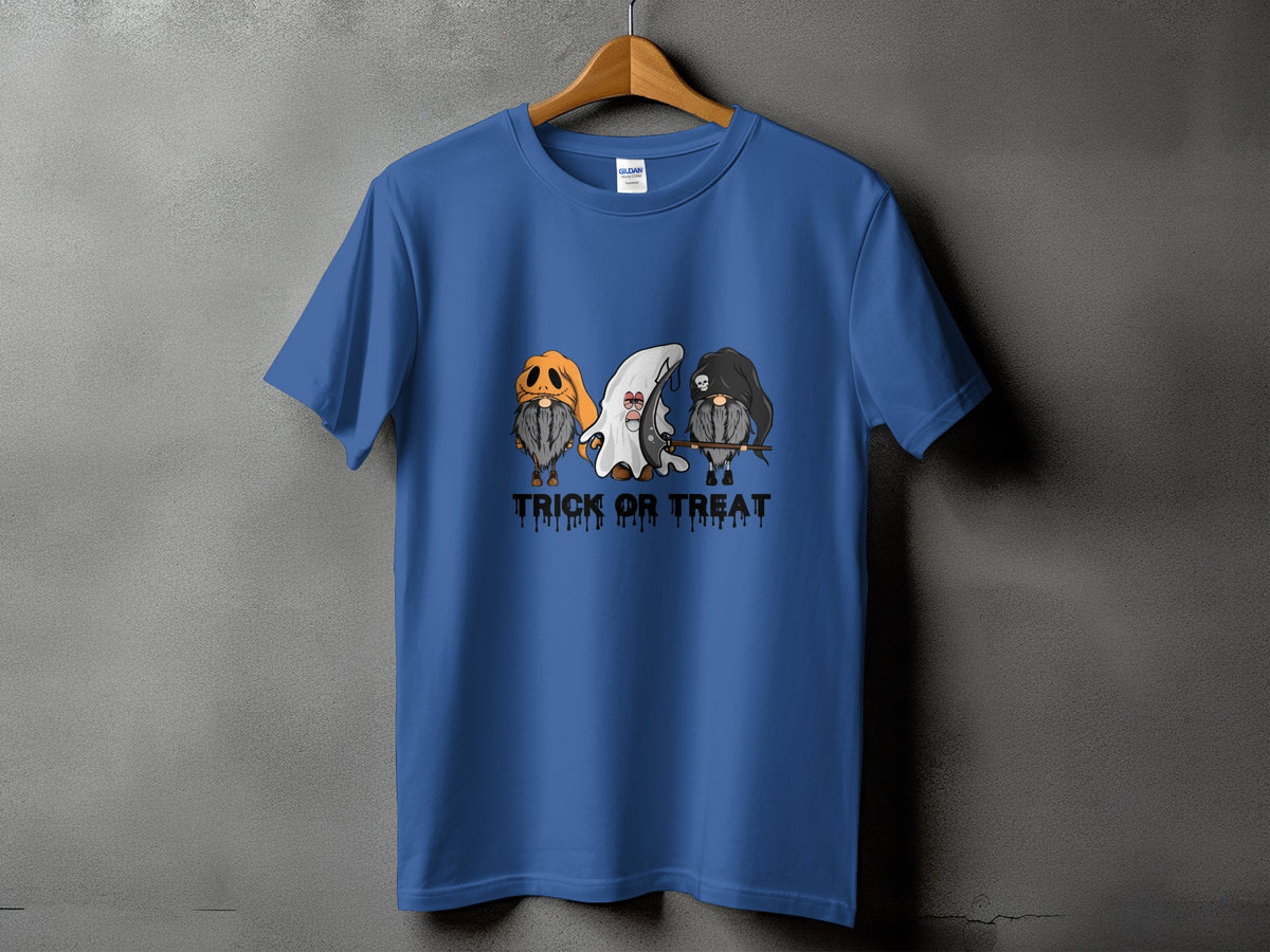 Blue t-shirt with three gnomes in Halloween costumes and "Trick or Treat" text.