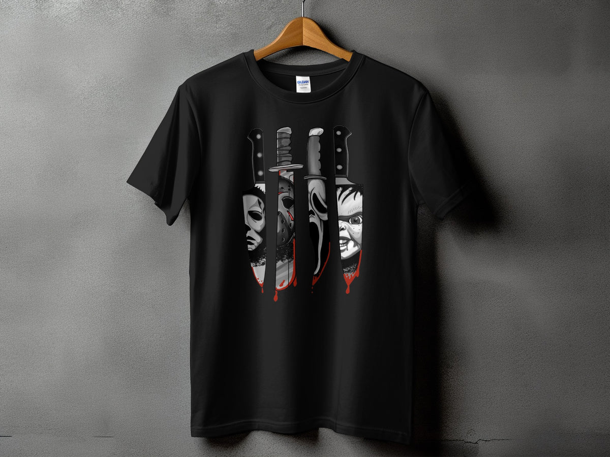 Black t-shirt with horror movie character masks and bloody knives graphic.