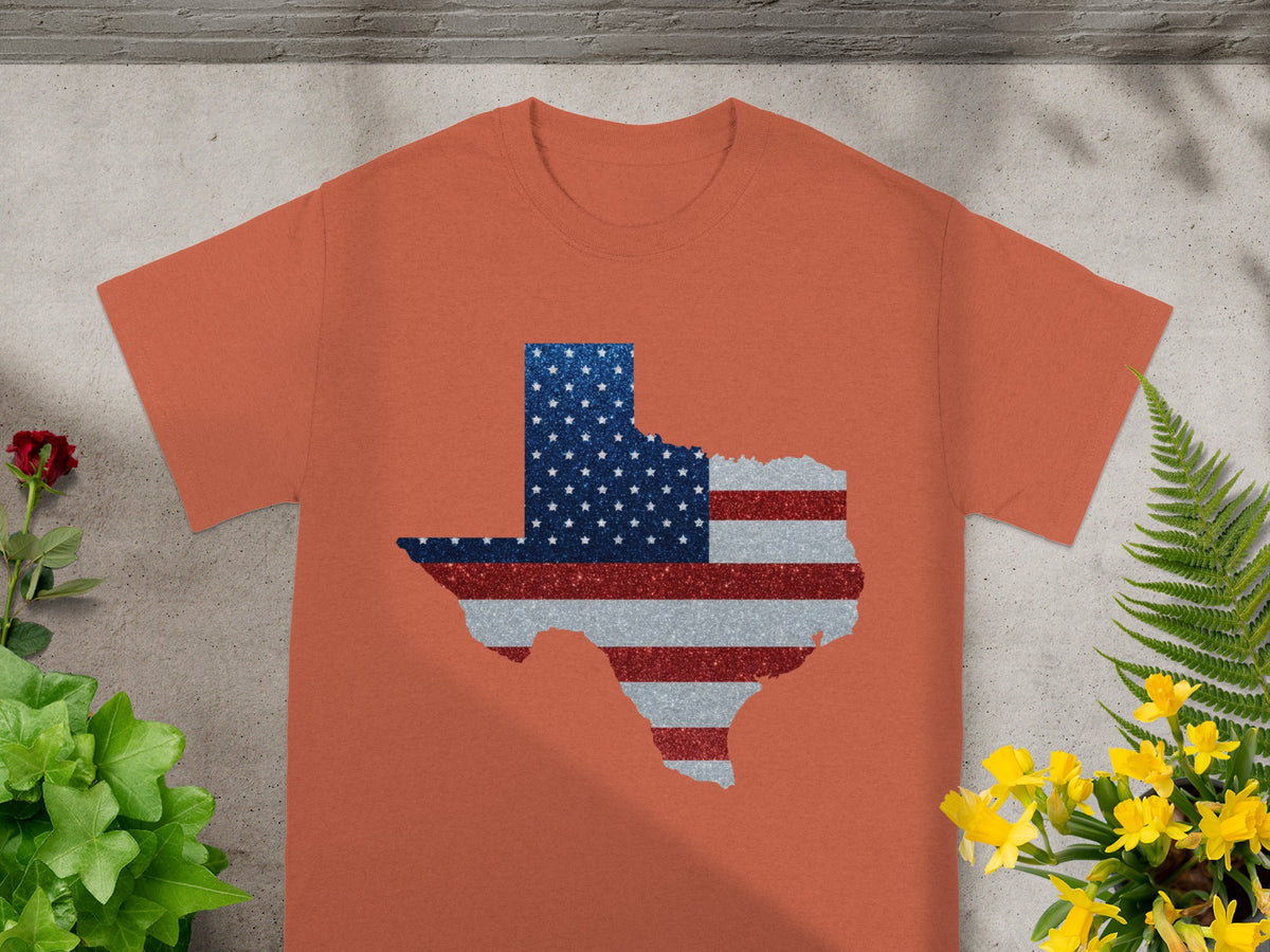 Orange t-shirt with Texas map outline filled with American flag stars and stripes.
