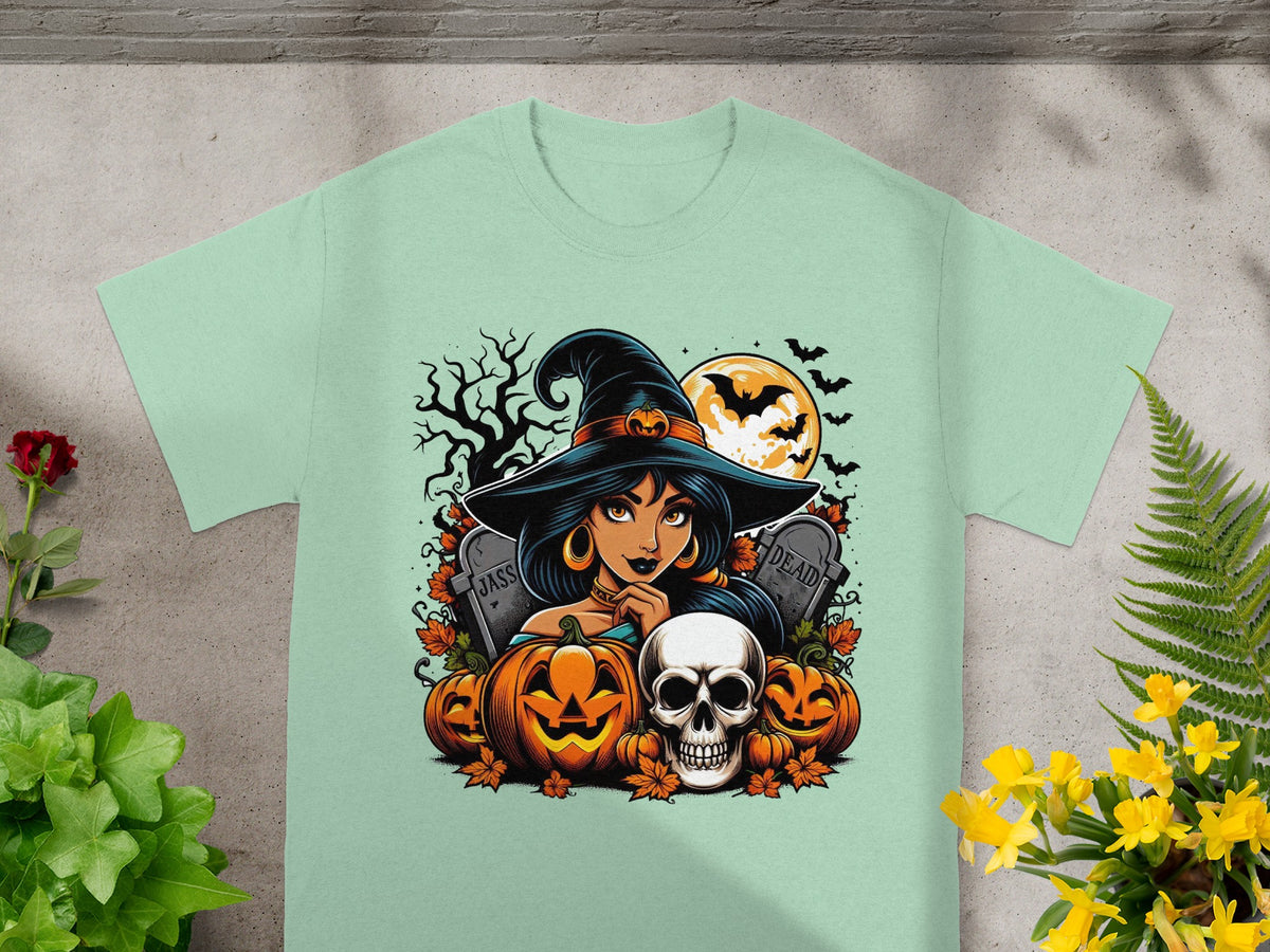 Halloween t-shirt design featuring a witch, pumpkins, skull, gravestones, and bats.
