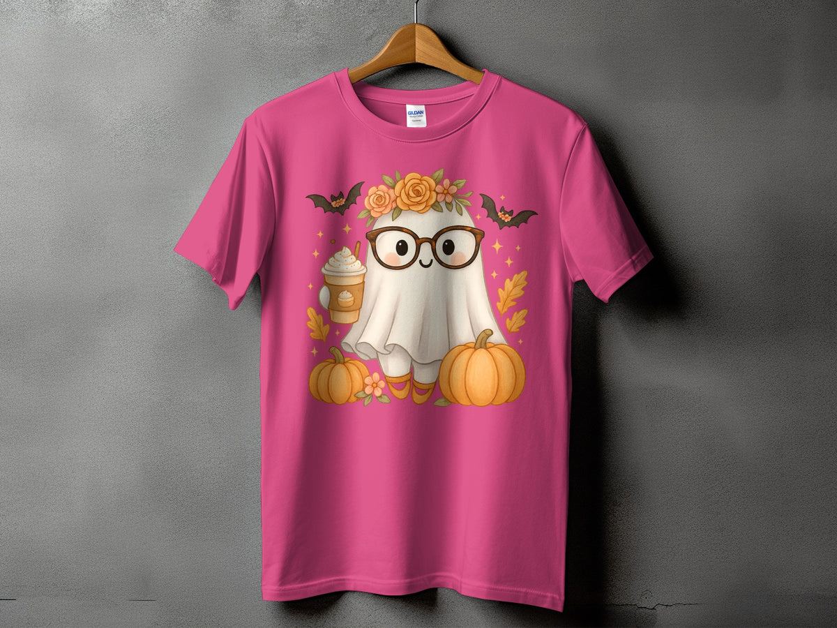 Pink t-shirt with a ghost wearing glasses and holding a coffee, surrounded by pumpkins.