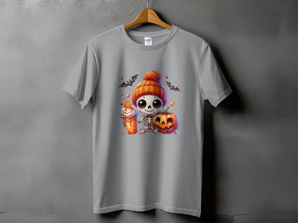 Gray t-shirt with a Halloween skeleton, pumpkin, and drink graphic.