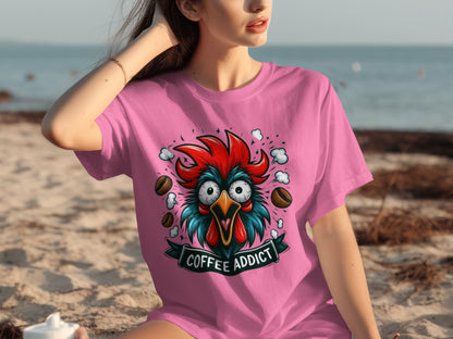Coffee Addict Rooster Graphic Pink T-Shirt