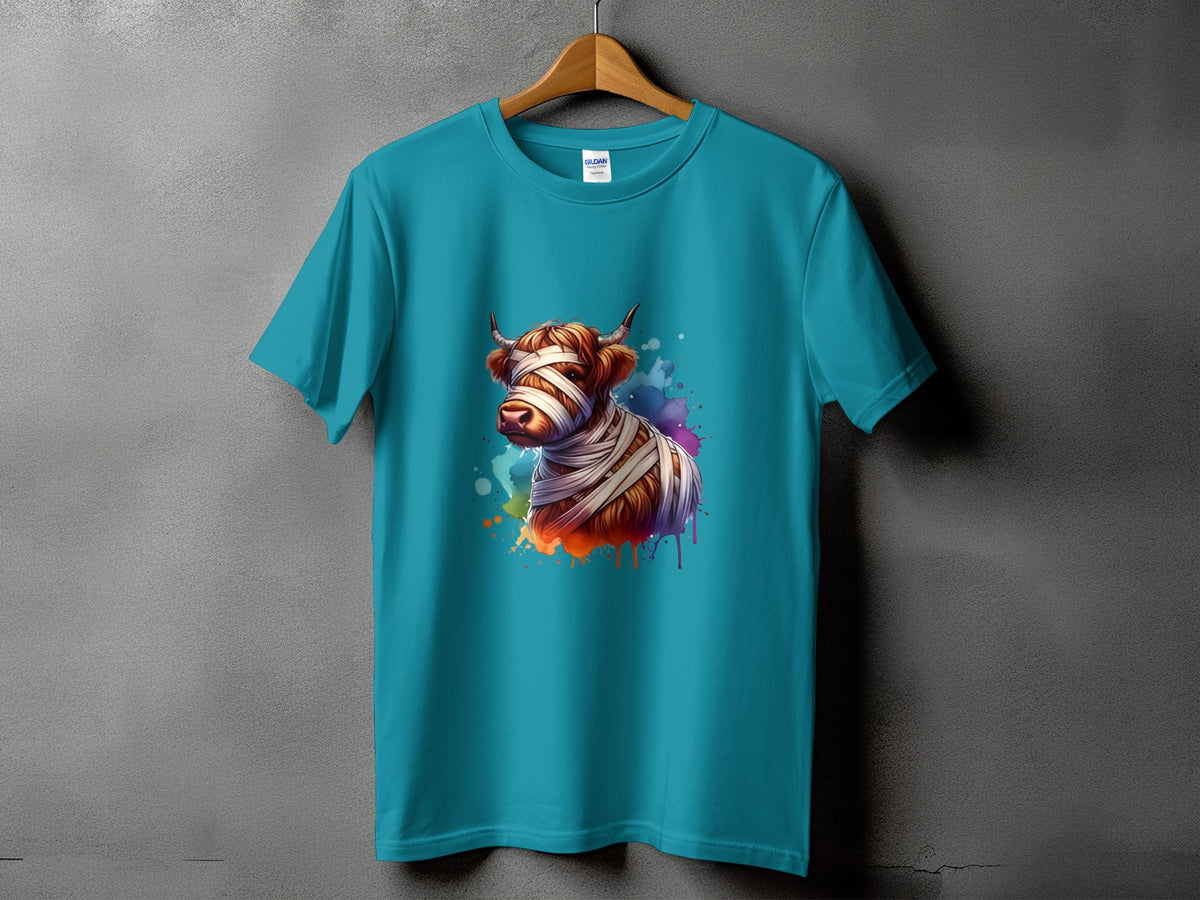 Teal t-shirt with a mummy cow graphic and watercolor splatters.
