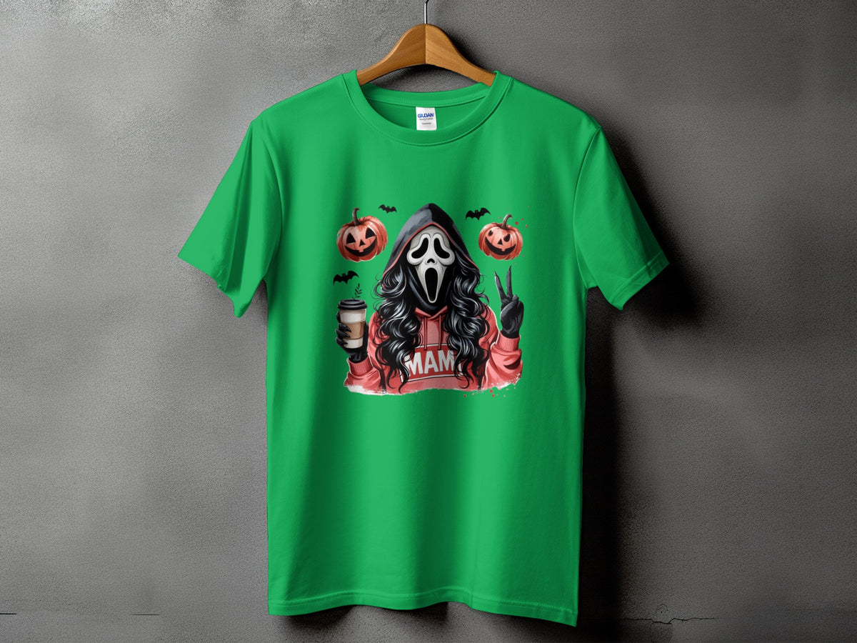 Green t-shirt with a ghost face character, pumpkins, bats, and the word "MAM".