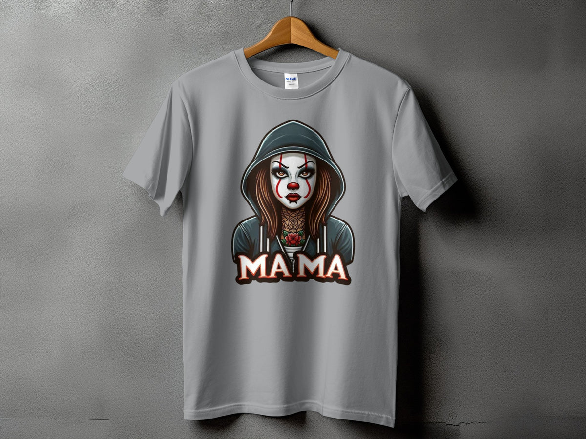 Gray t-shirt with clown makeup design and "MAMA" text.