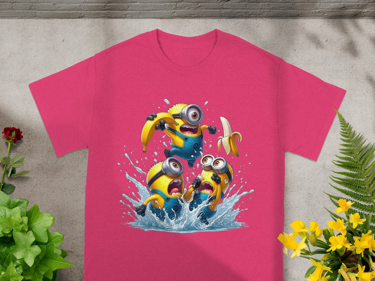 Three Minions splashing water while holding a banana, on a pink t-shirt.