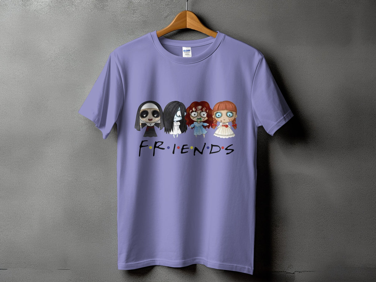 Lilac t-shirt with cartoon horror characters and "FRIENDS" text.