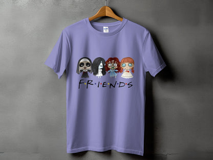 Lilac t-shirt with cartoon horror characters and "FRIENDS" text.