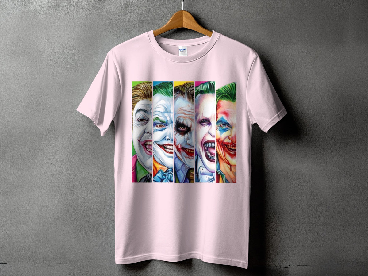 Pink t-shirt featuring five different Joker faces in a vertical collage.