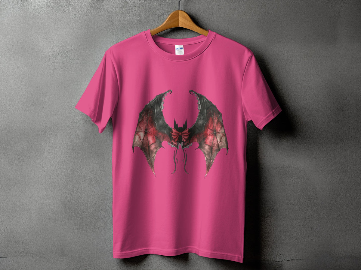 Pink t-shirt with a detailed drawing of bat wings with a red bow.