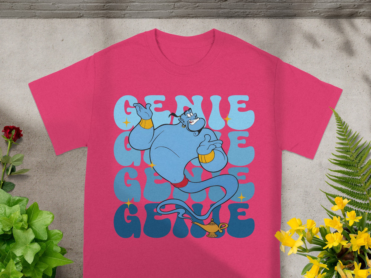 Pink t-shirt with large blue genie and "Genie" text in stacked blue and light blue letters.