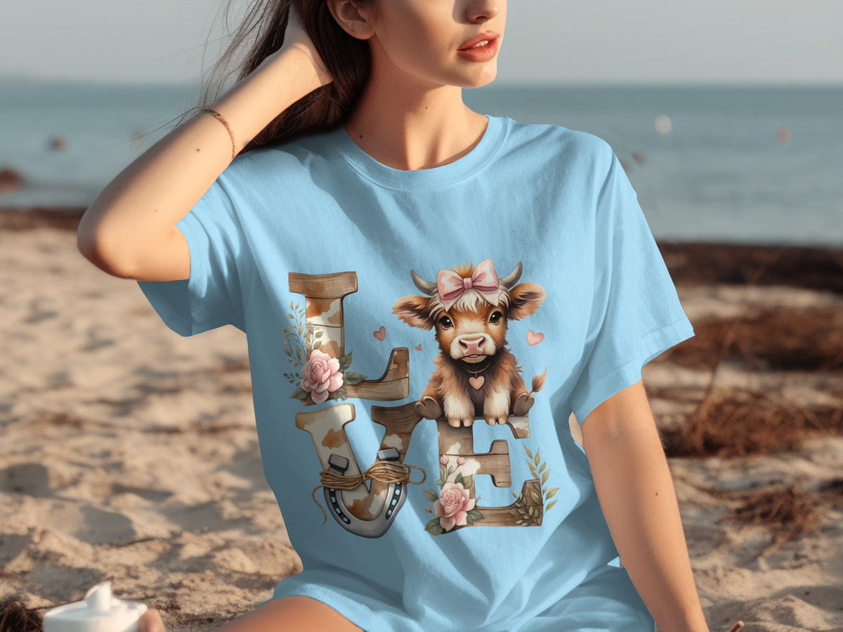Cute Cow Love Graphic on Blue T-shirt