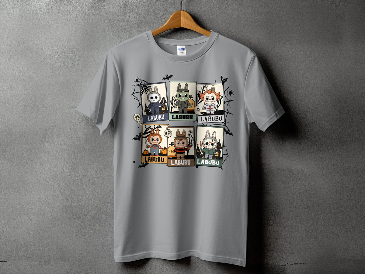Grey t-shirt with a grid of six Halloween-themed cartoon characters, each labeled "LABUBU".