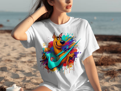 Colorful Cartoon Dog Playing Guitar Tee Product