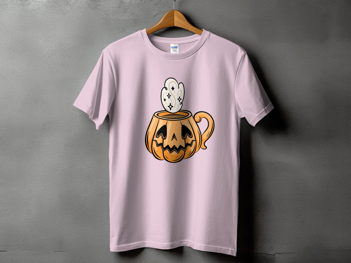 Pink t-shirt with a jack-o'-lantern mug with steam and stars graphic.