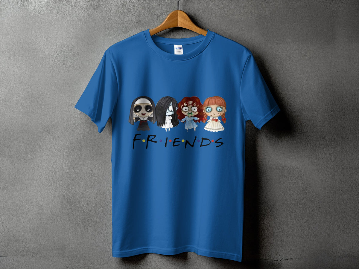 Blue t-shirt with horror characters and "Friends" text.
