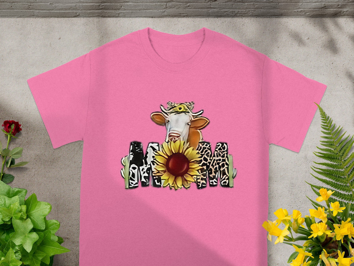 Pink T-Shirt with Cow and Sunflower MOM Design Tee