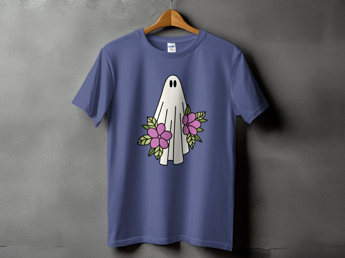 Periwinkle t-shirt with a white ghost and pink flowers graphic.