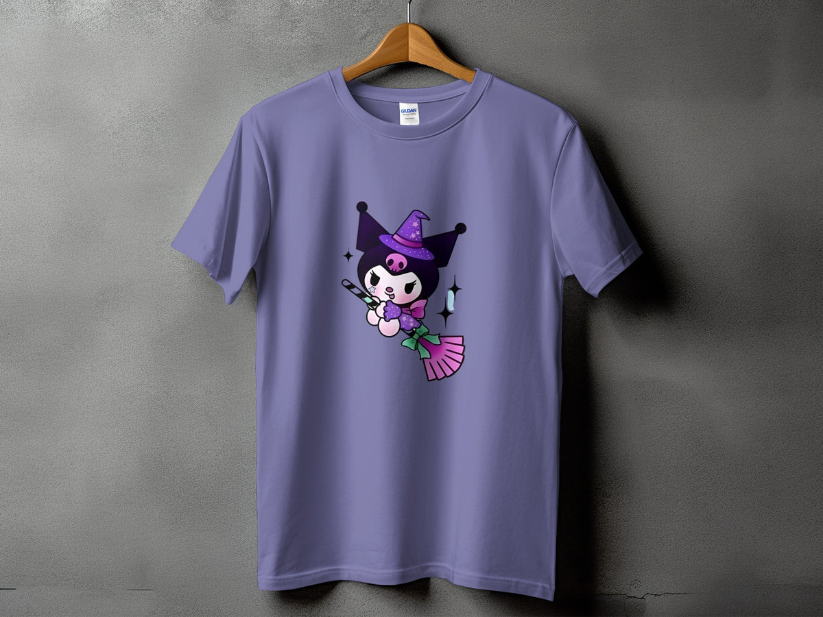 Purple t-shirt with Kuromi wearing a witch hat flying on a broom