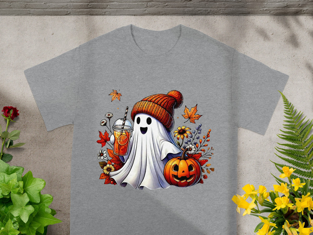 Ghost with pumpkin, drink, and autumn leaves graphic on a gray t-shirt.