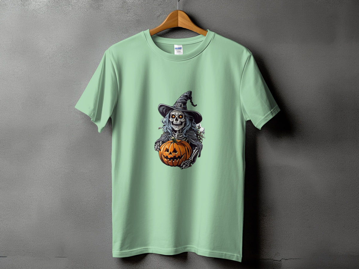 Light green t-shirt with a skeleton witch holding a jack-o'-lantern graphic.