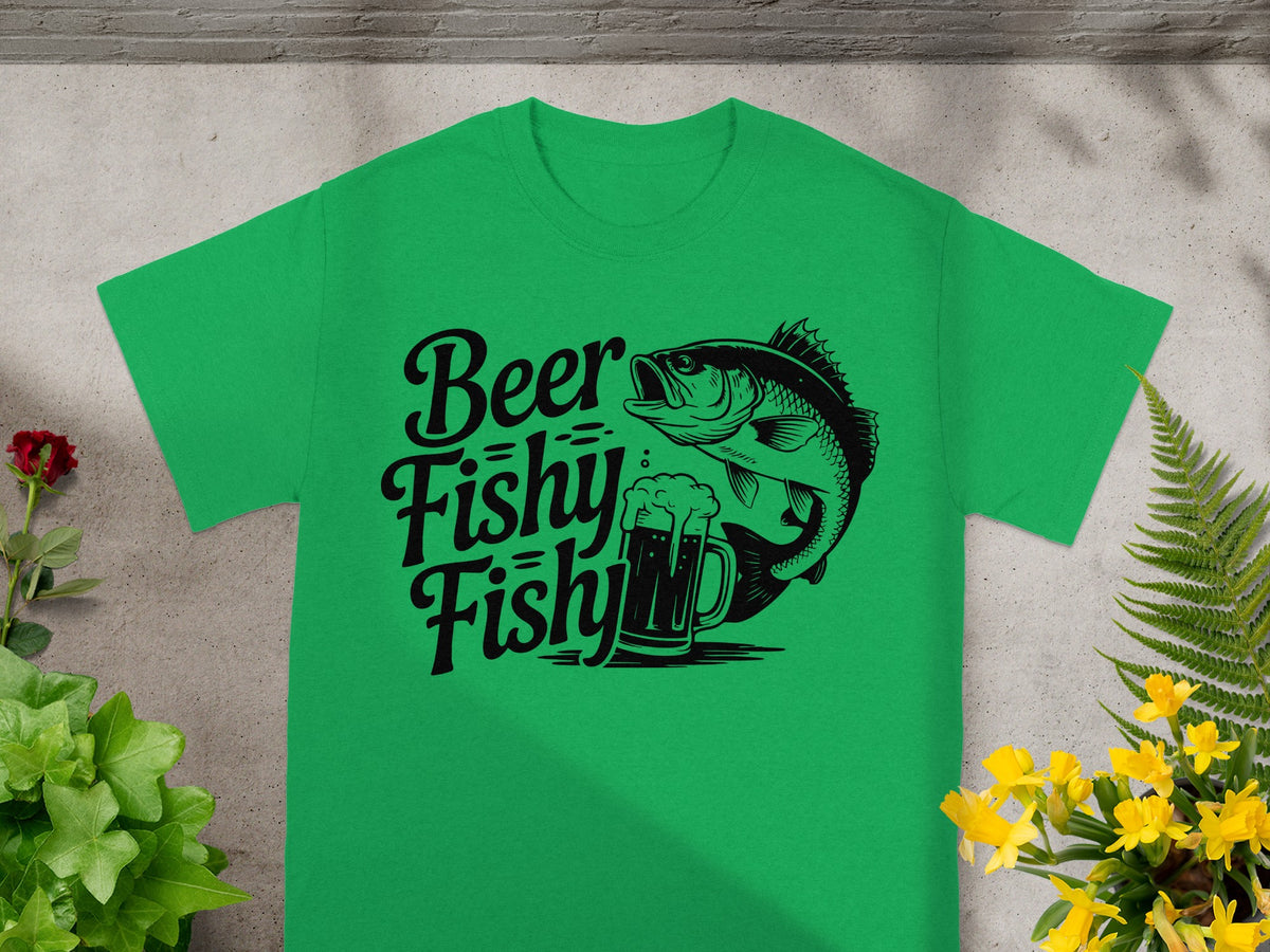 Green t-shirt with black text "Beer Fishy Fishy" and fish graphic.