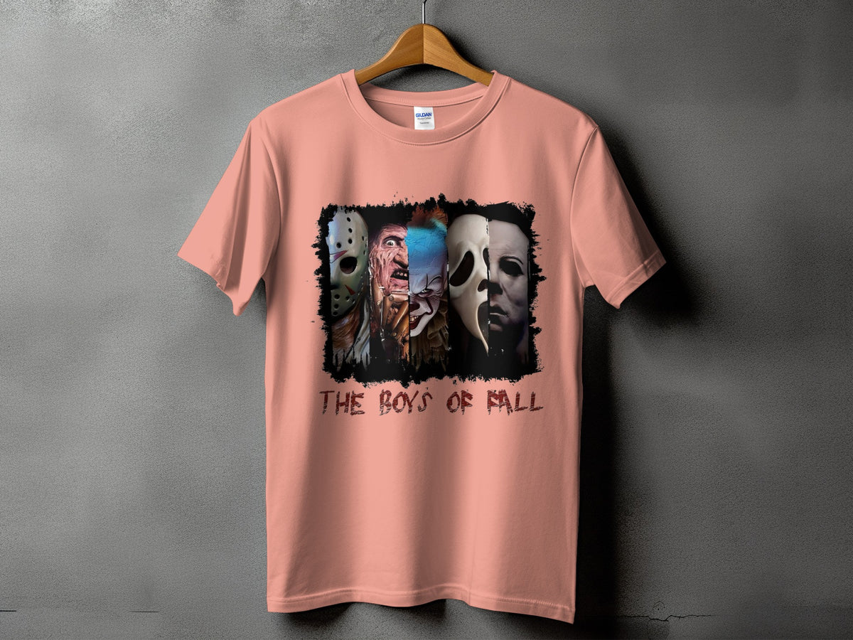 Pink t-shirt with horror characters montage and "THE BOYS OF FALL" text.