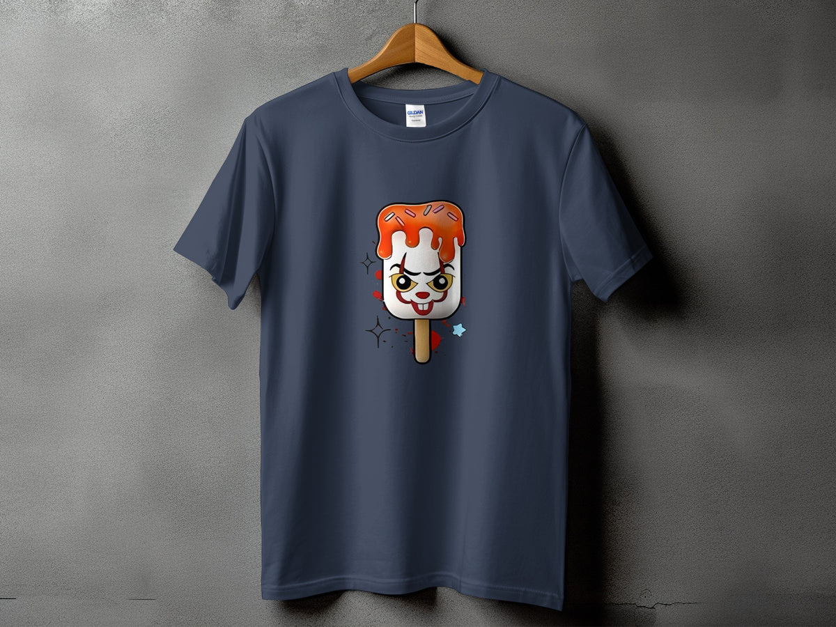 T-shirt with a clown-faced popsicle graphic and scattered stars.