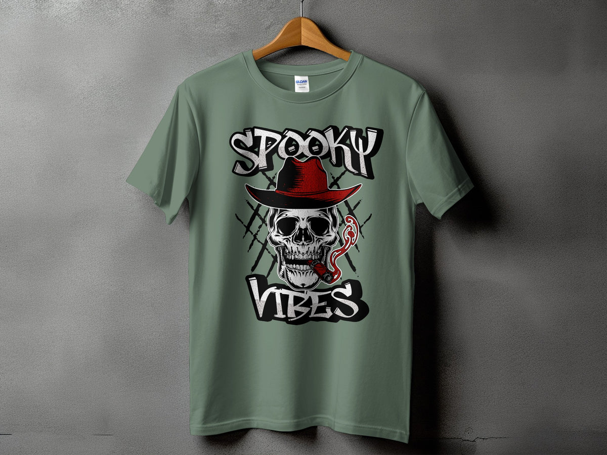 Green t-shirt with skull graphic, red hat, cigar, and text "SPOOKY VIBES".
