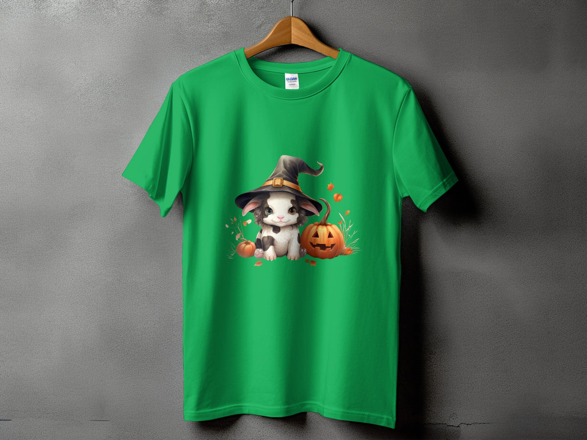 Green t-shirt with a whimsical Halloween graphic of a bunny wearing a witch hat and pumpkins.