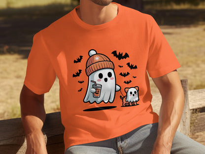 Cute Halloween Ghost With Dog In Orange T-Shirt