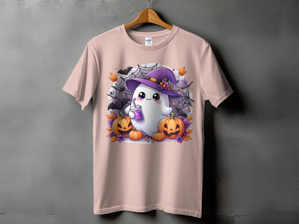 Pink t-shirt with a cute ghost wearing a witch hat and holding a drink.
