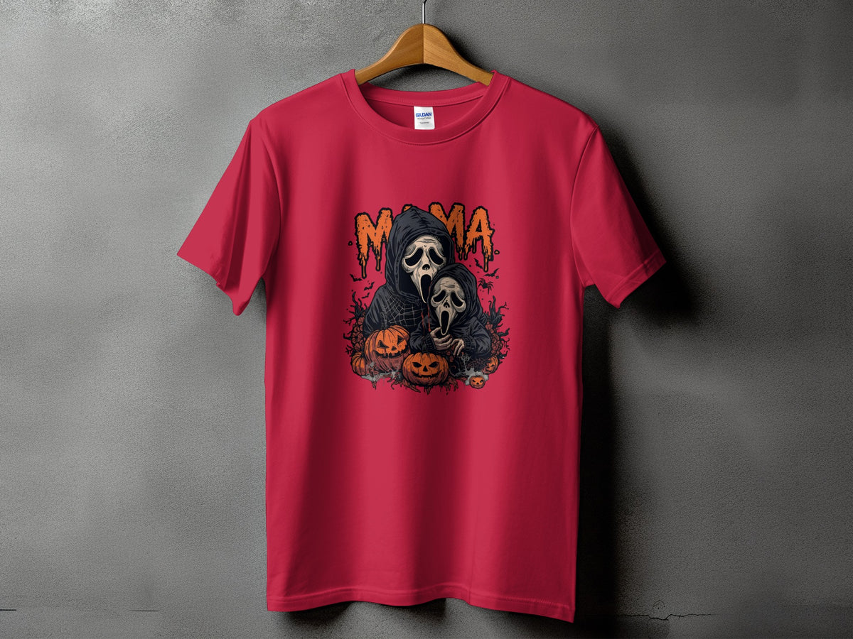 Red t-shirt with "Mama" text and ghost characters with pumpkins.