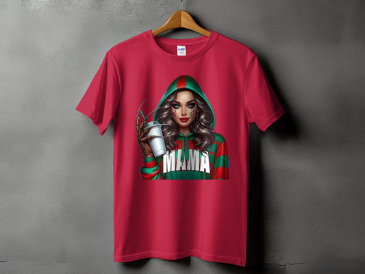 Red t-shirt with a graphic of a woman in a green hooded sweatshirt with "MAMA" in white letters.