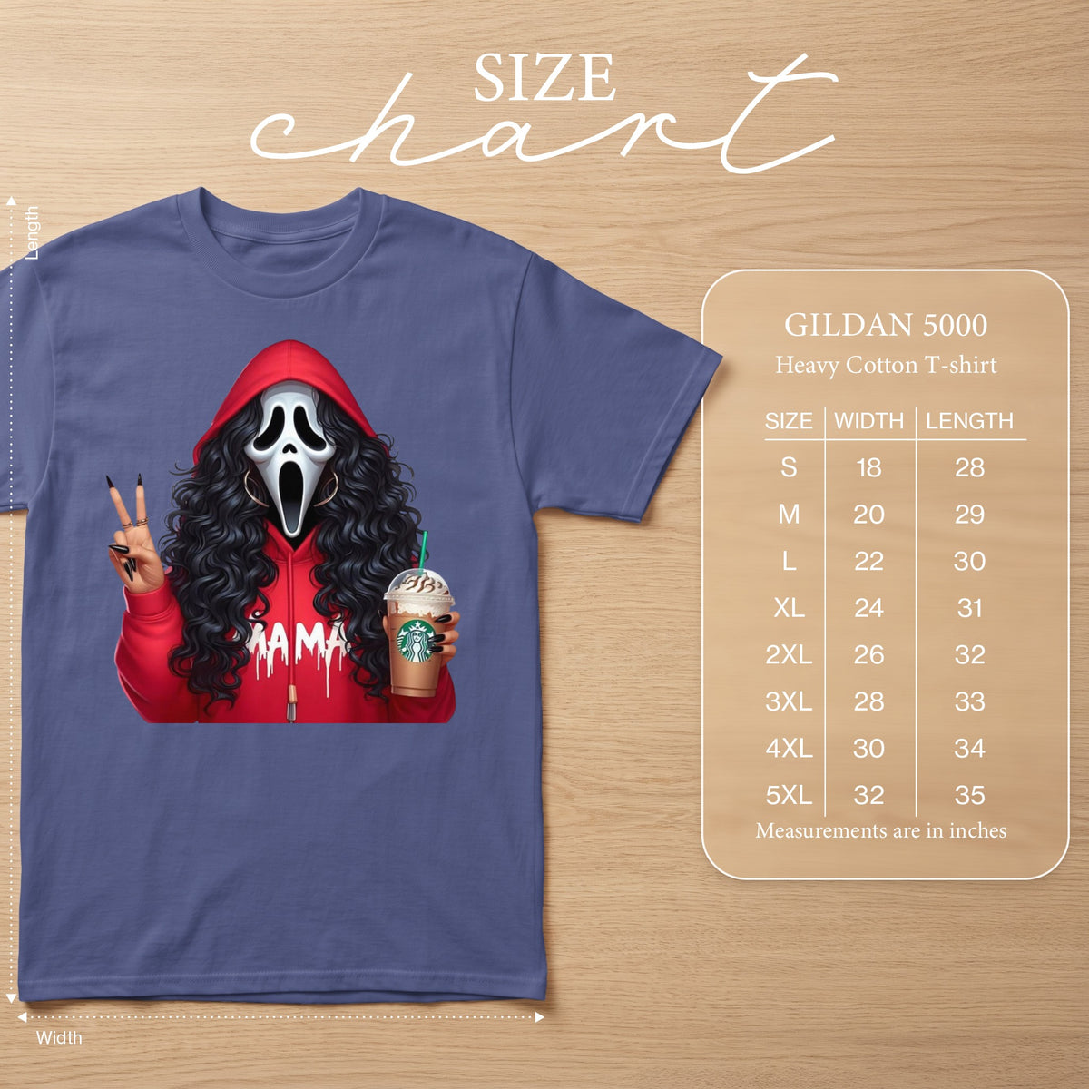 Gildan 5000 heavy cotton t-shirt with ghost face, "Mama" text, and Starbucks drink.