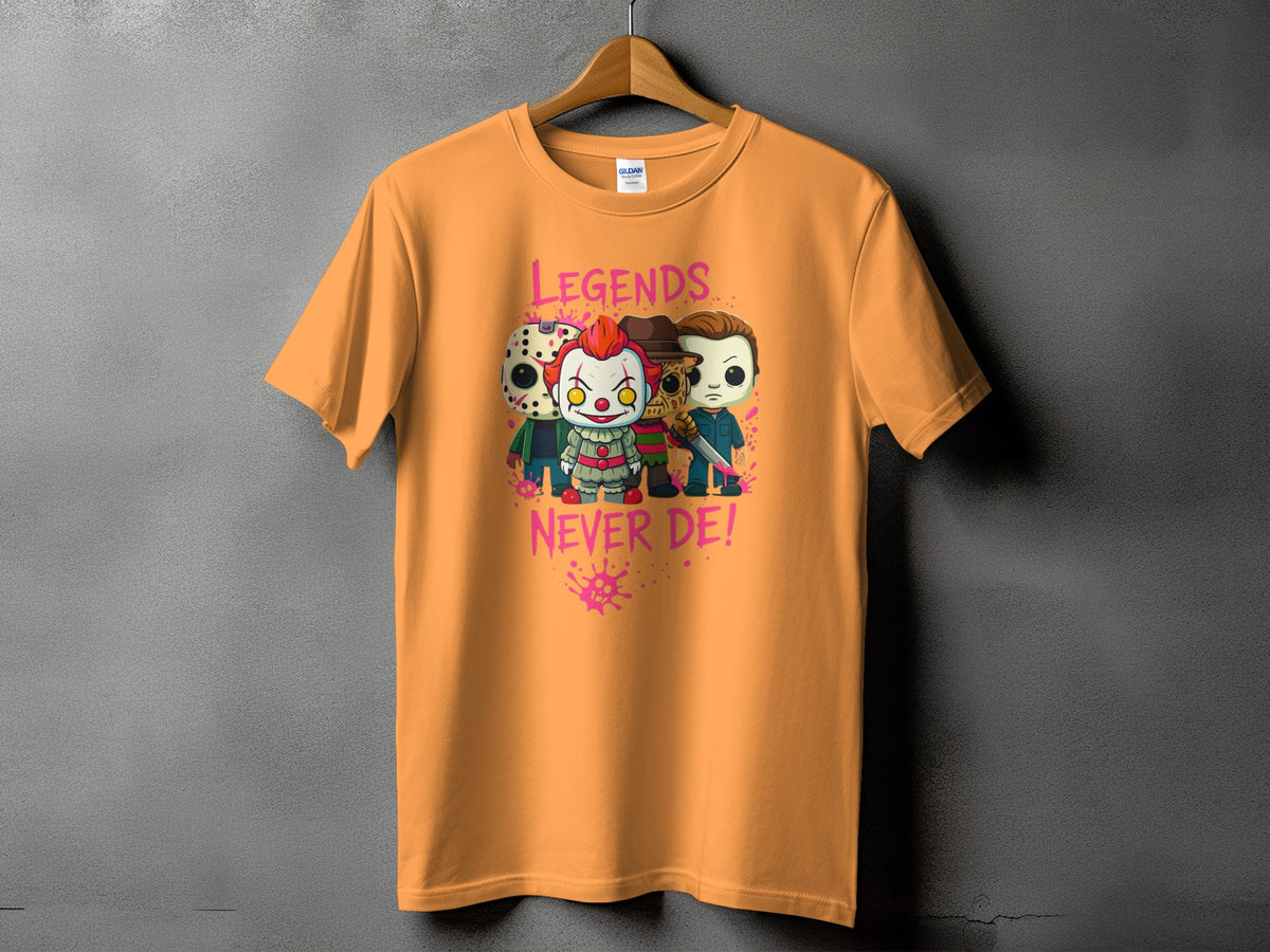 Orange t-shirt with horror characters and "LEGENDS NEVER DIE!" text.