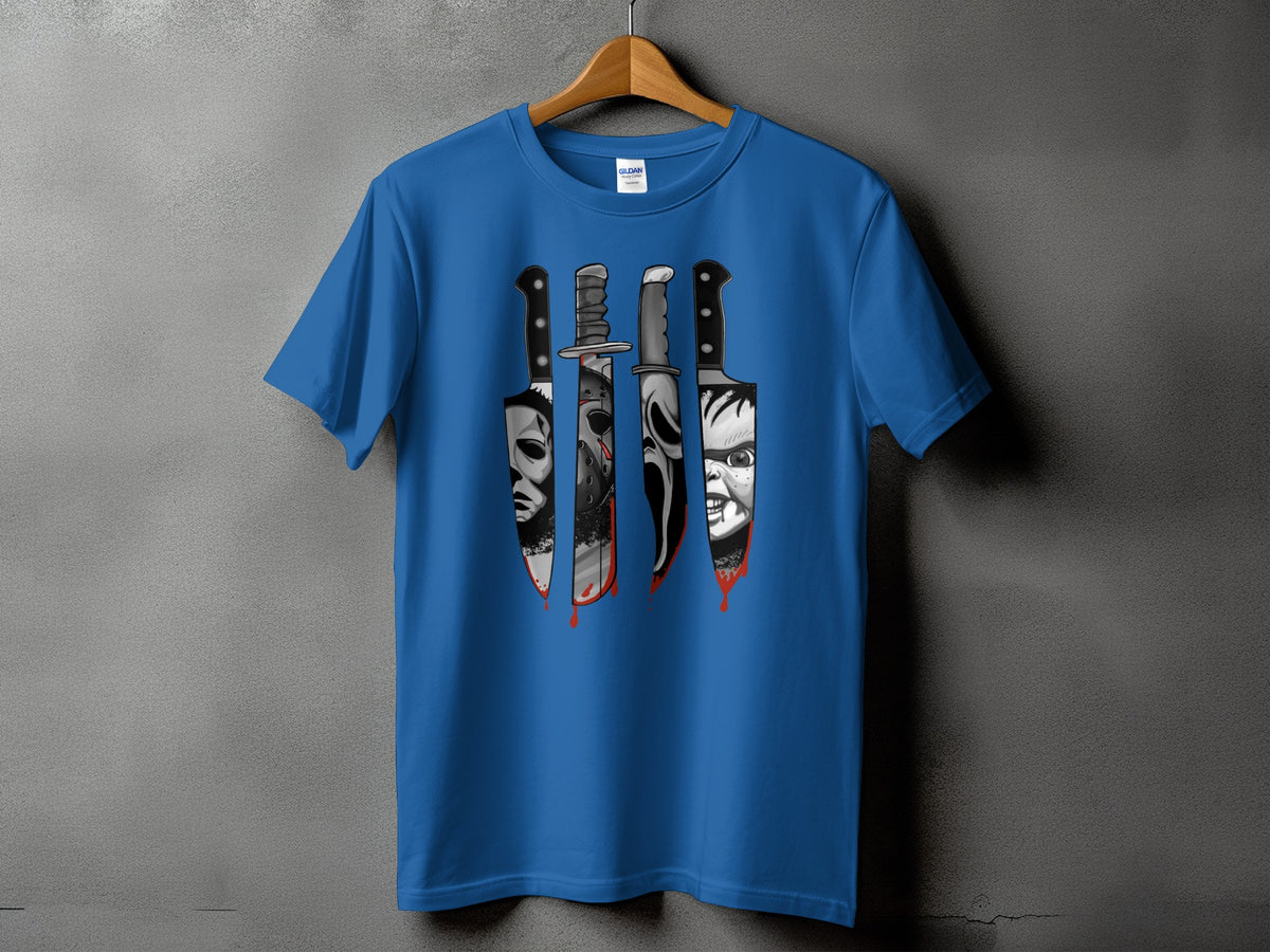 Blue t-shirt with horror movie killer masks on knives graphic.