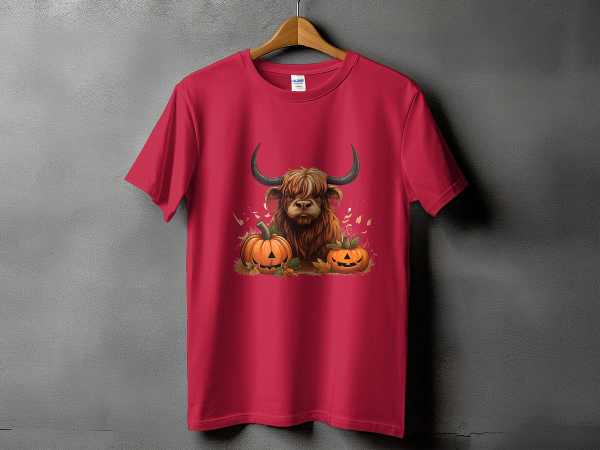 Red t-shirt with a highland cow and pumpkins graphic.