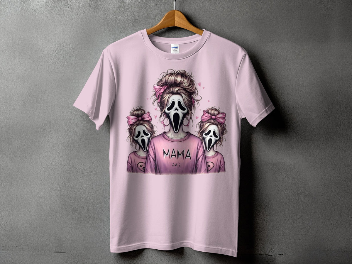 Pink t-shirt with ghost masks and text "MAMA DES"