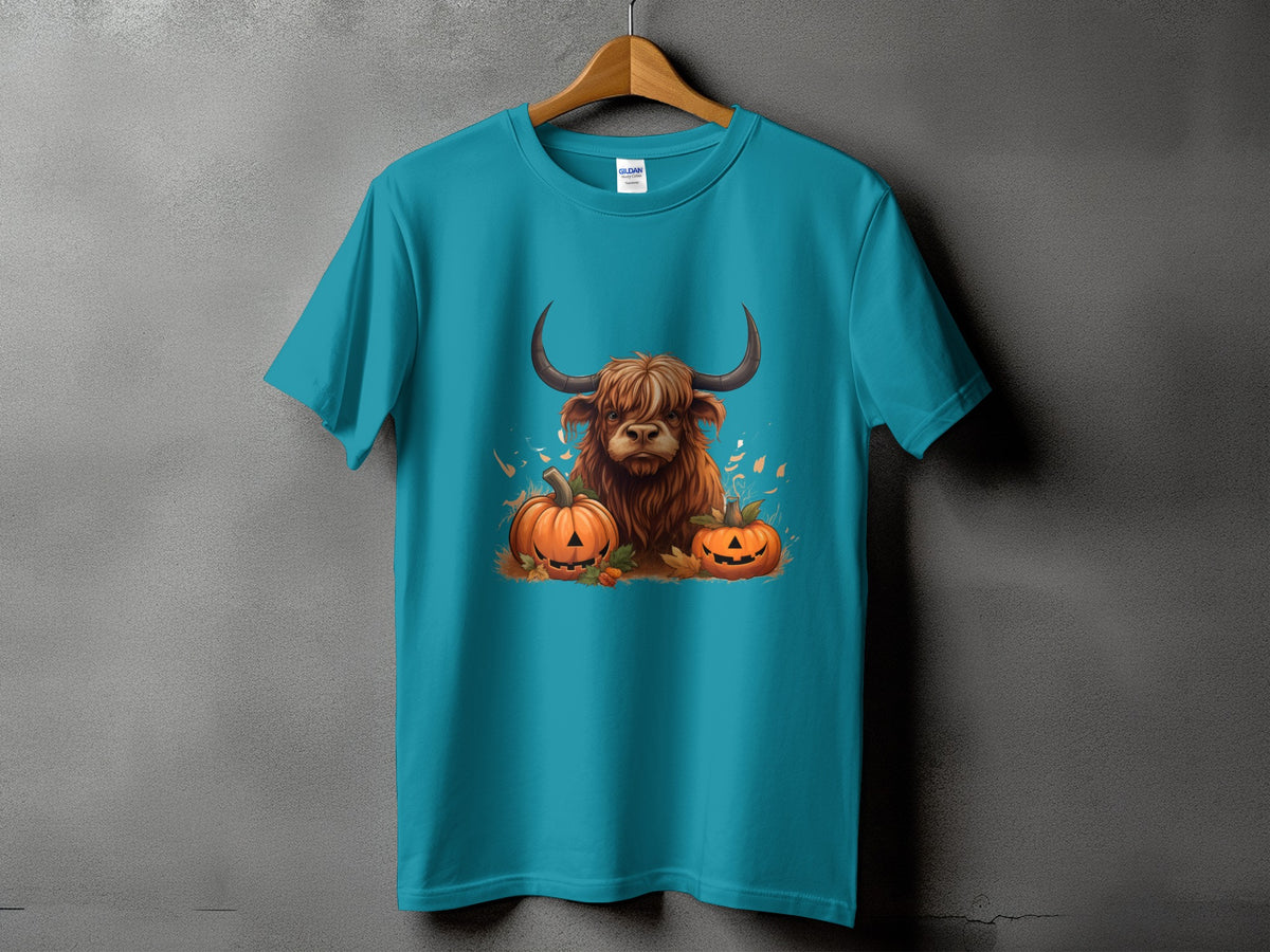 Teal t-shirt with Highland cow and jack-o'-lanterns graphic for Halloween.