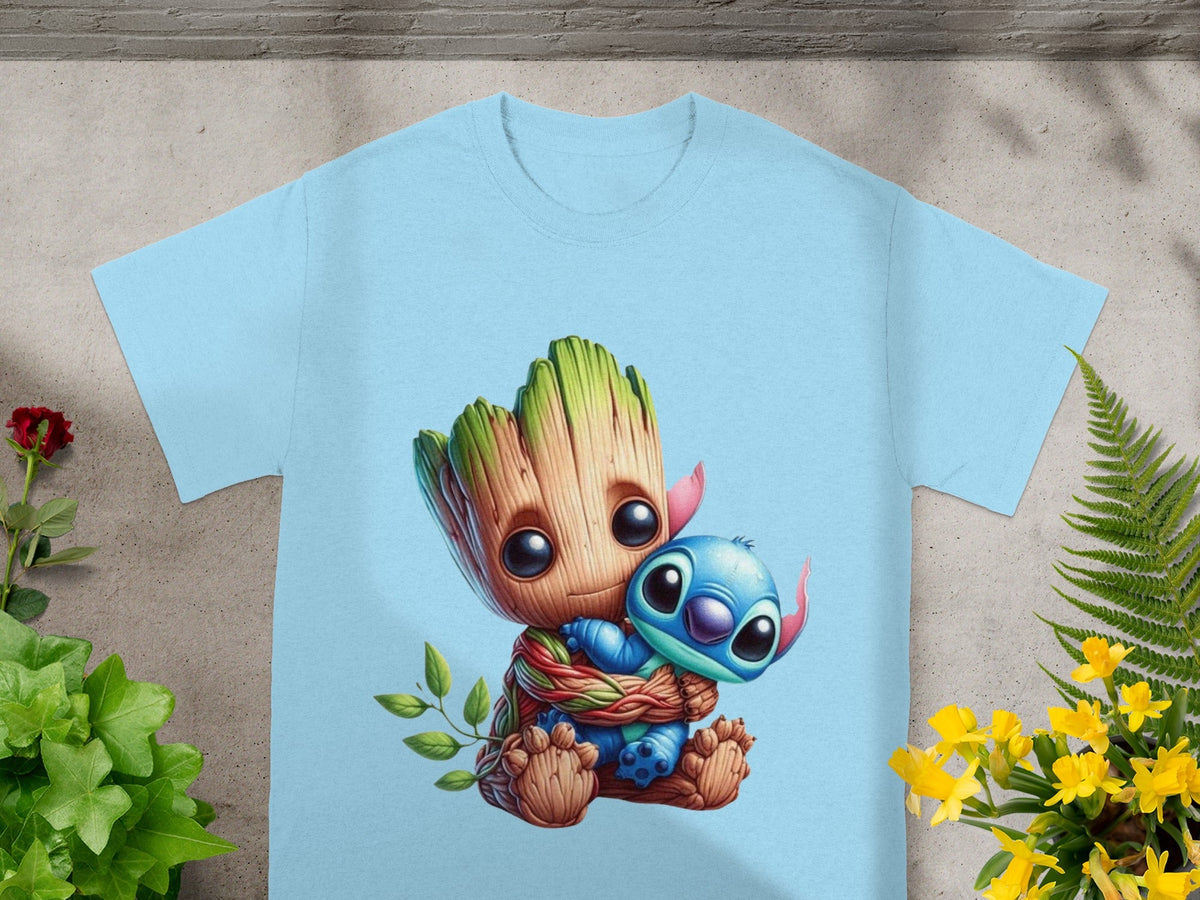 Groot and Stitch hug on a light blue t-shirt.