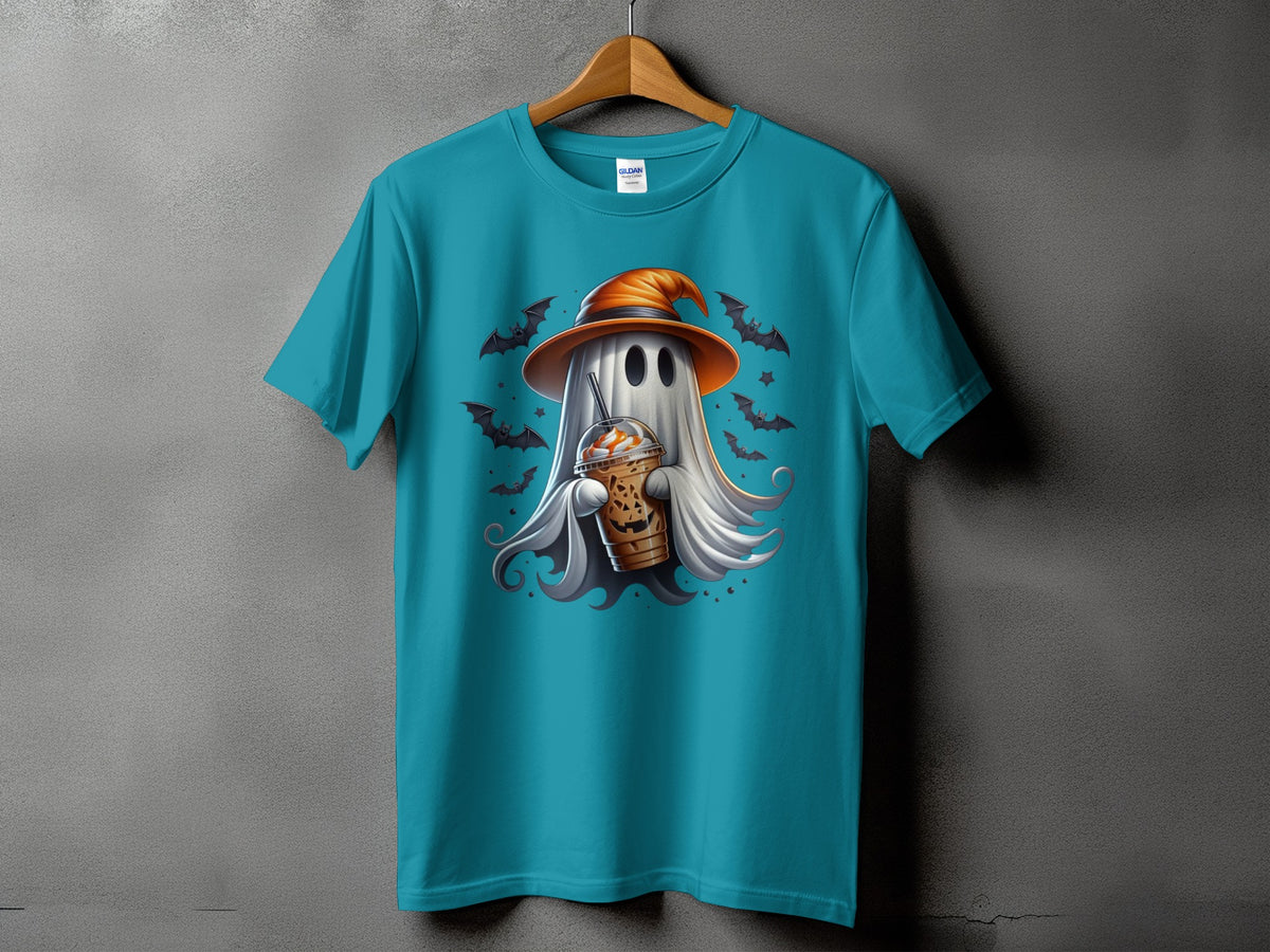Teal t-shirt with a ghost wearing an orange hat holding a coffee cup.