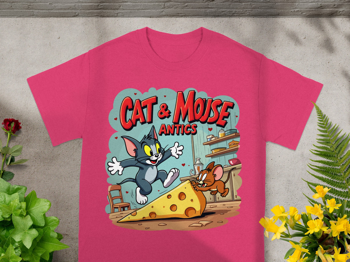 Tom and Jerry cartoon graphic on pink t-shirt with "Cat & Mouse Antics" text.