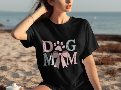 Dog Mom T-Shirt with Paw and Bow Design