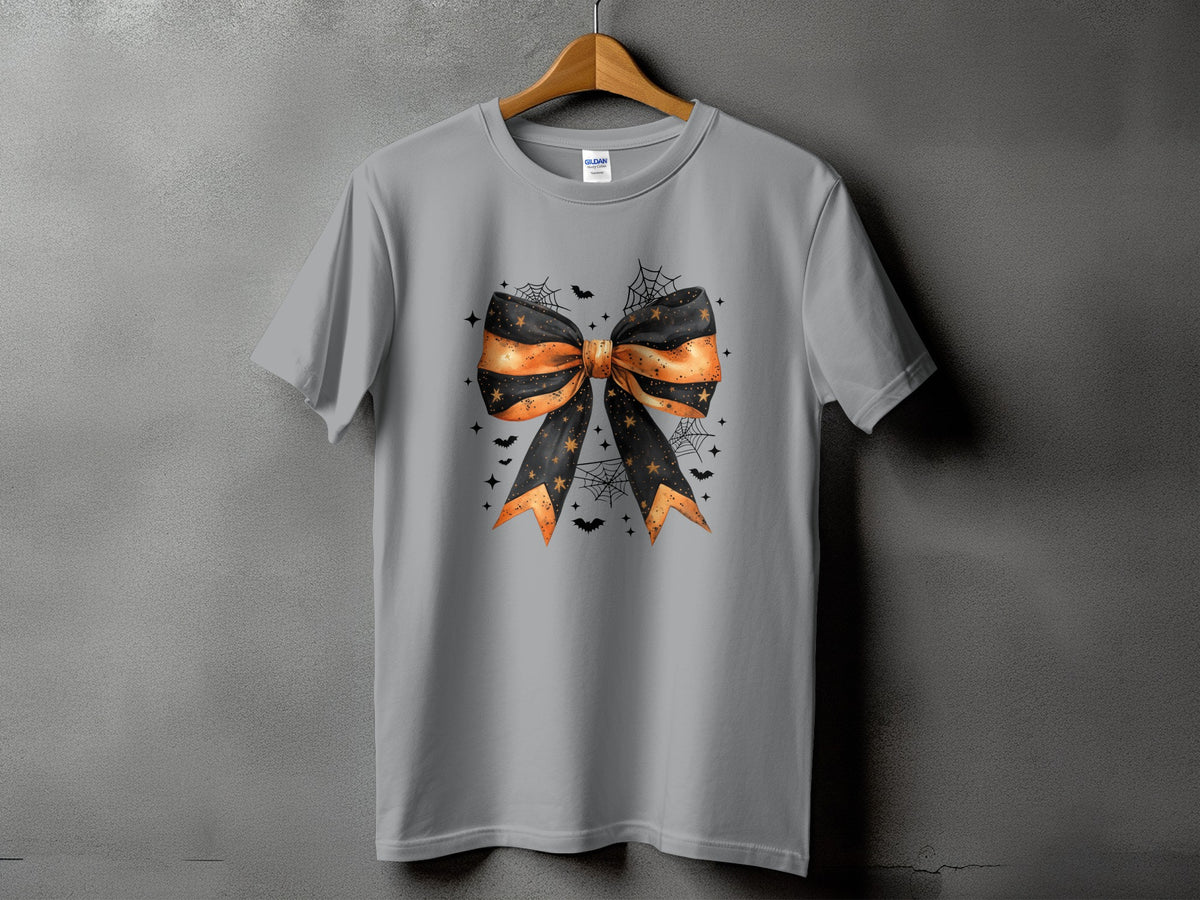 Grey t-shirt with a Halloween bow graphic featuring bats and cobwebs.