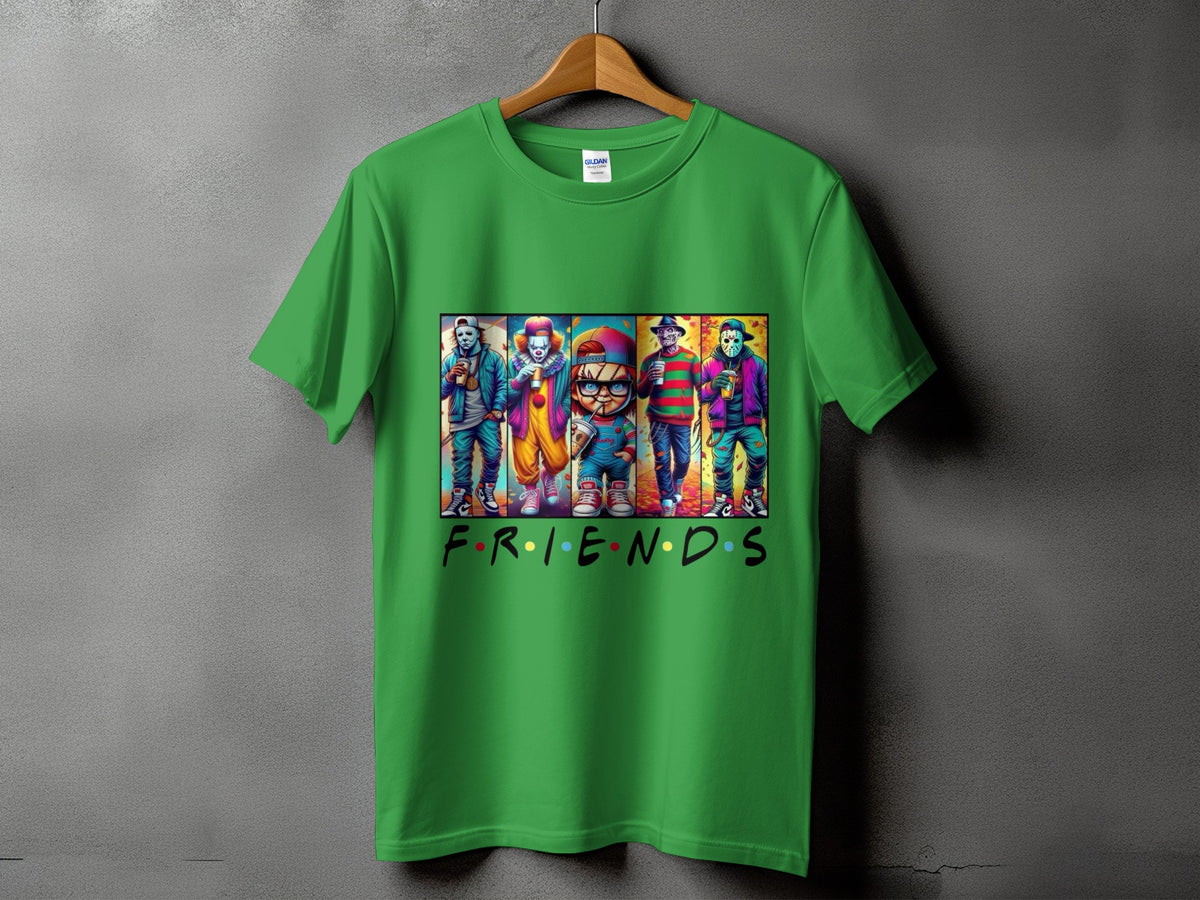 Green t-shirt with horror characters in the style of the "Friends" logo.