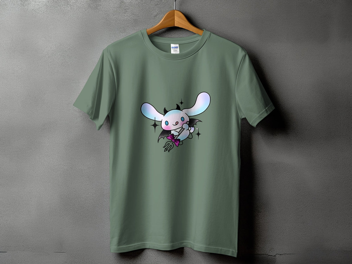Green Gildan t-shirt with a white cartoon bunny character wearing a black cape.