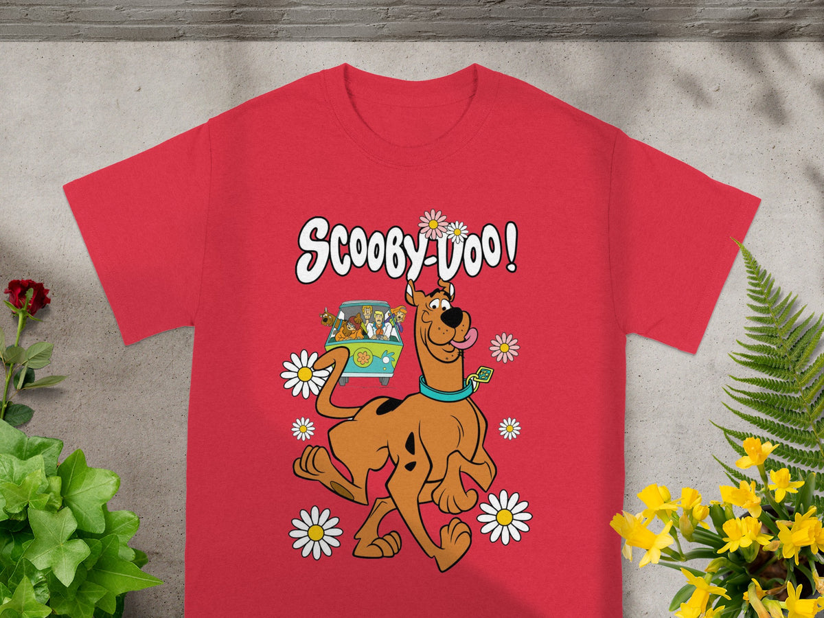 Red t-shirt with Scooby-Doo, the Mystery Machine, and daisies design.