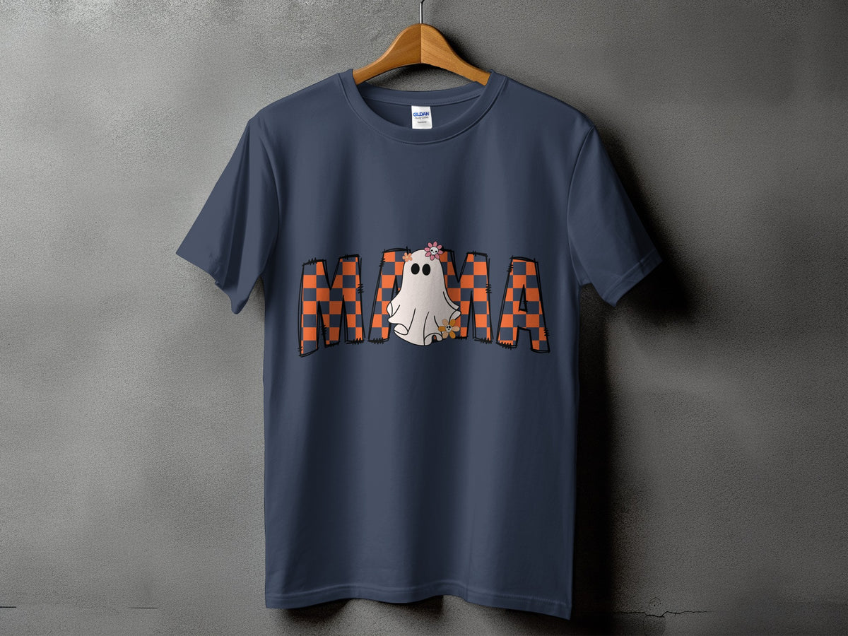 Dark blue t-shirt with "MAMA" text and a ghost graphic for Halloween.